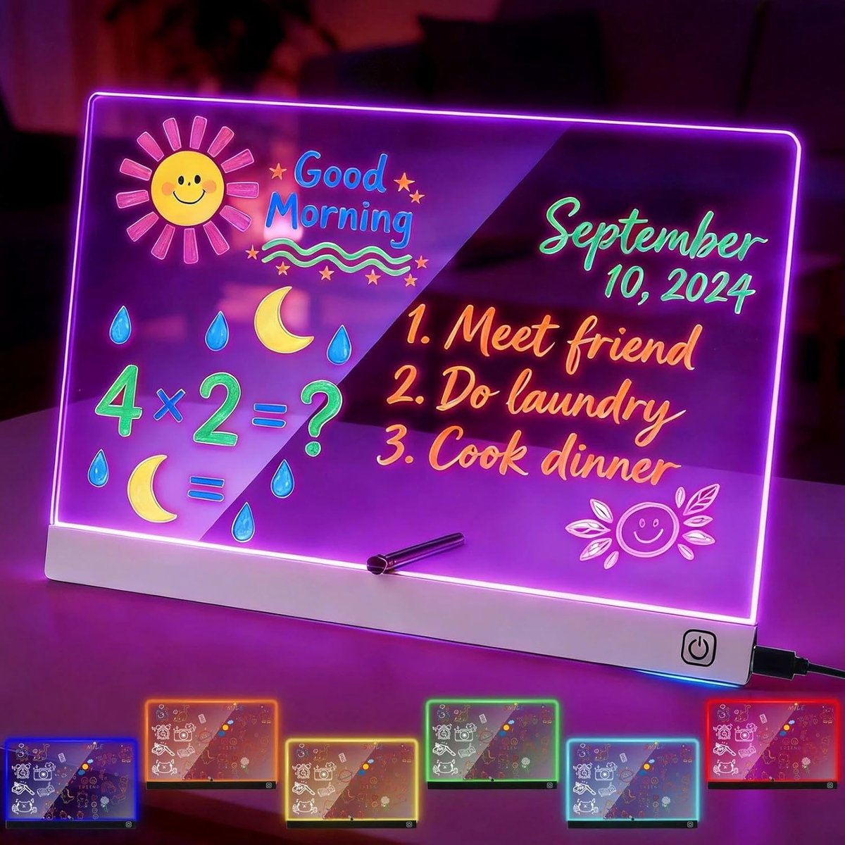 RGB White Acrylic LED Drawing Board, 30 x 20 cm, DIY Light Sign with 7 Neon Markers, Stickers and Designs, Washable - ShopVlot