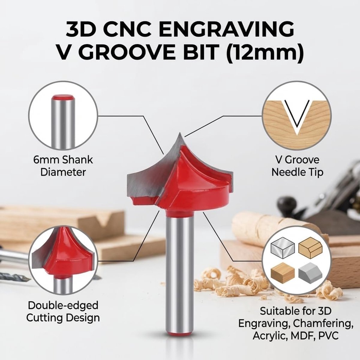 SnelShoppen - 6mm 3D Shank CNC Graveerbiets V Groef Naaldpunt Frees Cutter Houtbewerking Boor Gereedschap CNC Frees Tool (12mm)
