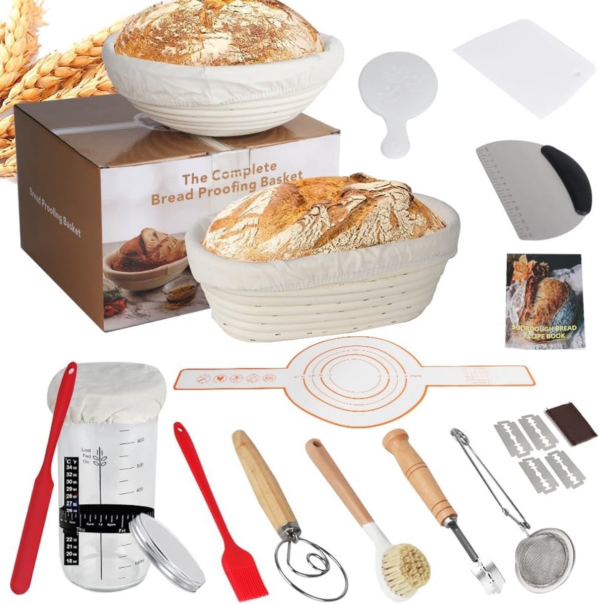Zuurdeeg Starterset - Natuurlijk Rotan - 23 cm Rond en 25 cm Ovaal - Compleet Bakaccessoires voor Thuisbakkers