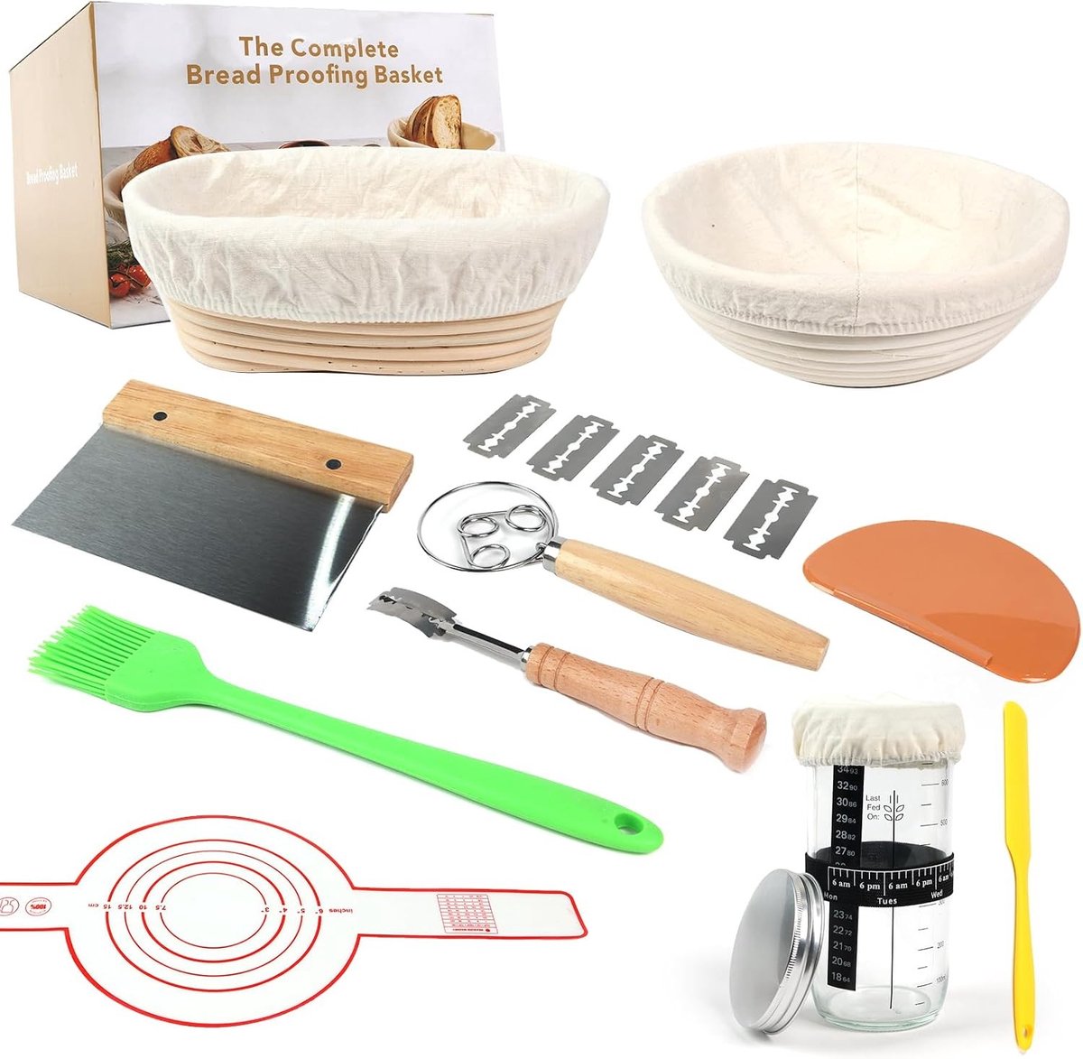 Zuurdesem Starter Kit - Ronde & Ovale Manden - Inclusief 600ml Starter Pot en Bakgereedschap - Voor Thuisbakkers