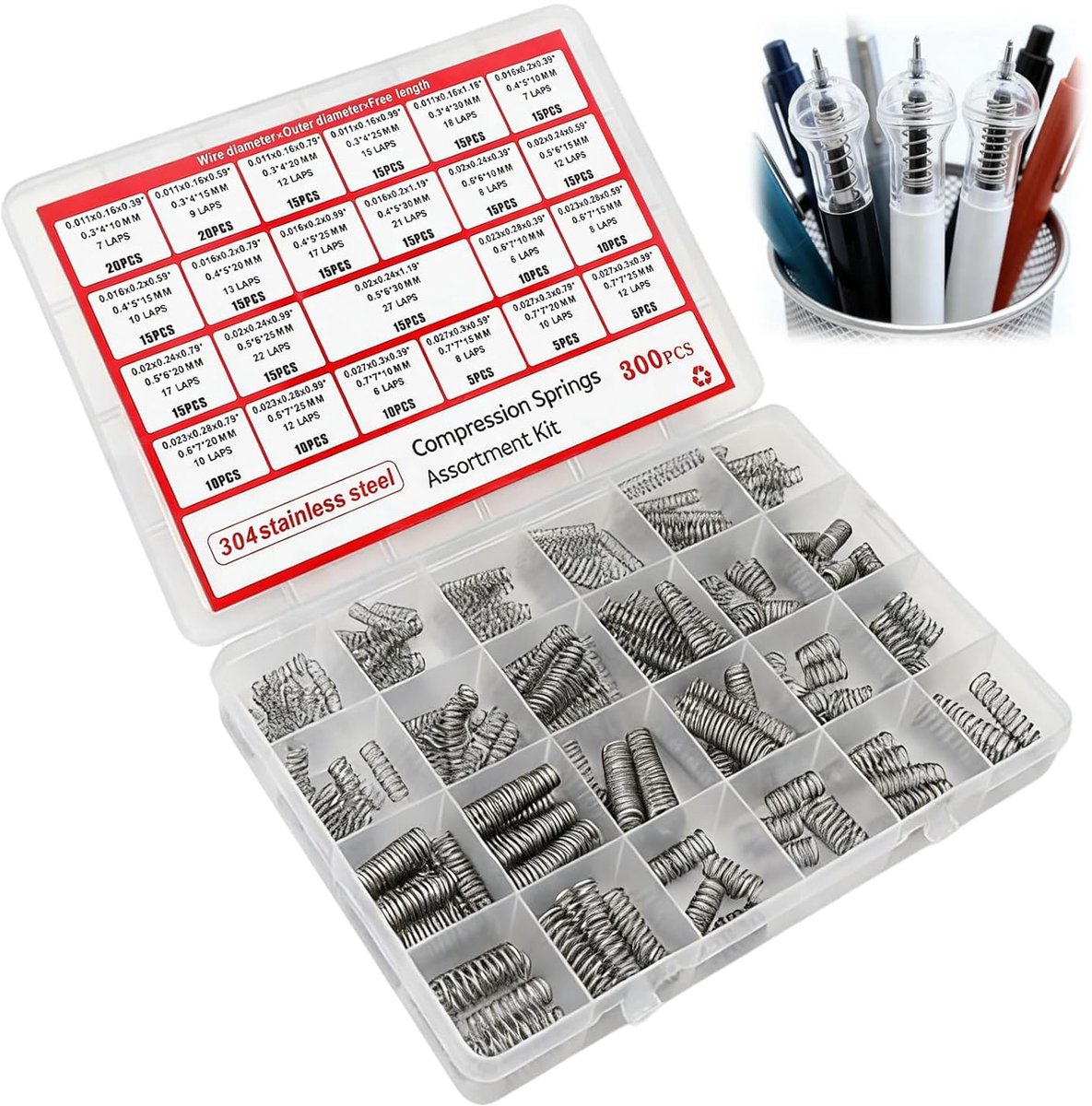 Pack of 300 Springs, Pressure Springs, Assortment Kit with 23 Sizes, 304 Stainless Steel Small Springs, Mechanical - ShopVlot