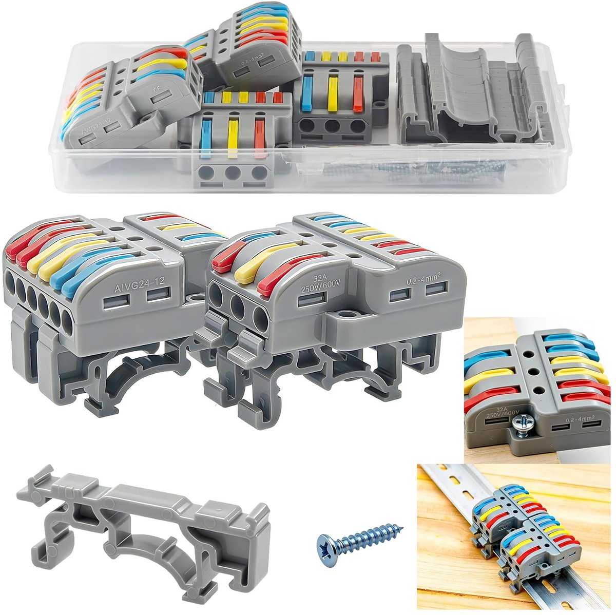 SnelShoppen - CTRICALVER Snoeraansluitblok 14AWG 2.5 mm², 4 Pack 3-in-6 Snelaansluitingen, Draadconnector - Geschikt voor Rails en Schroefmontage