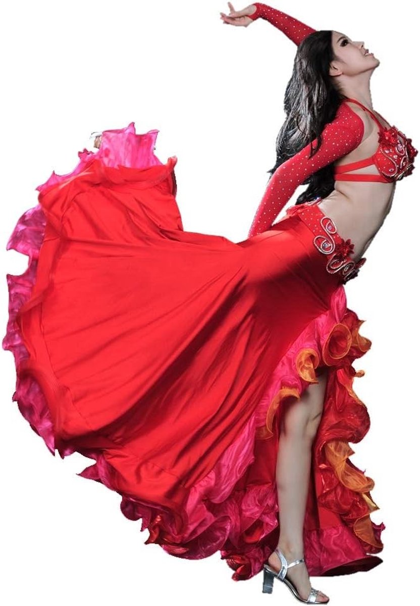 Bellydance Kostuum voor Vrouwen - 4-delige Set met Top, Rok, Bh en Ceintuur voor Flamenco en Dans