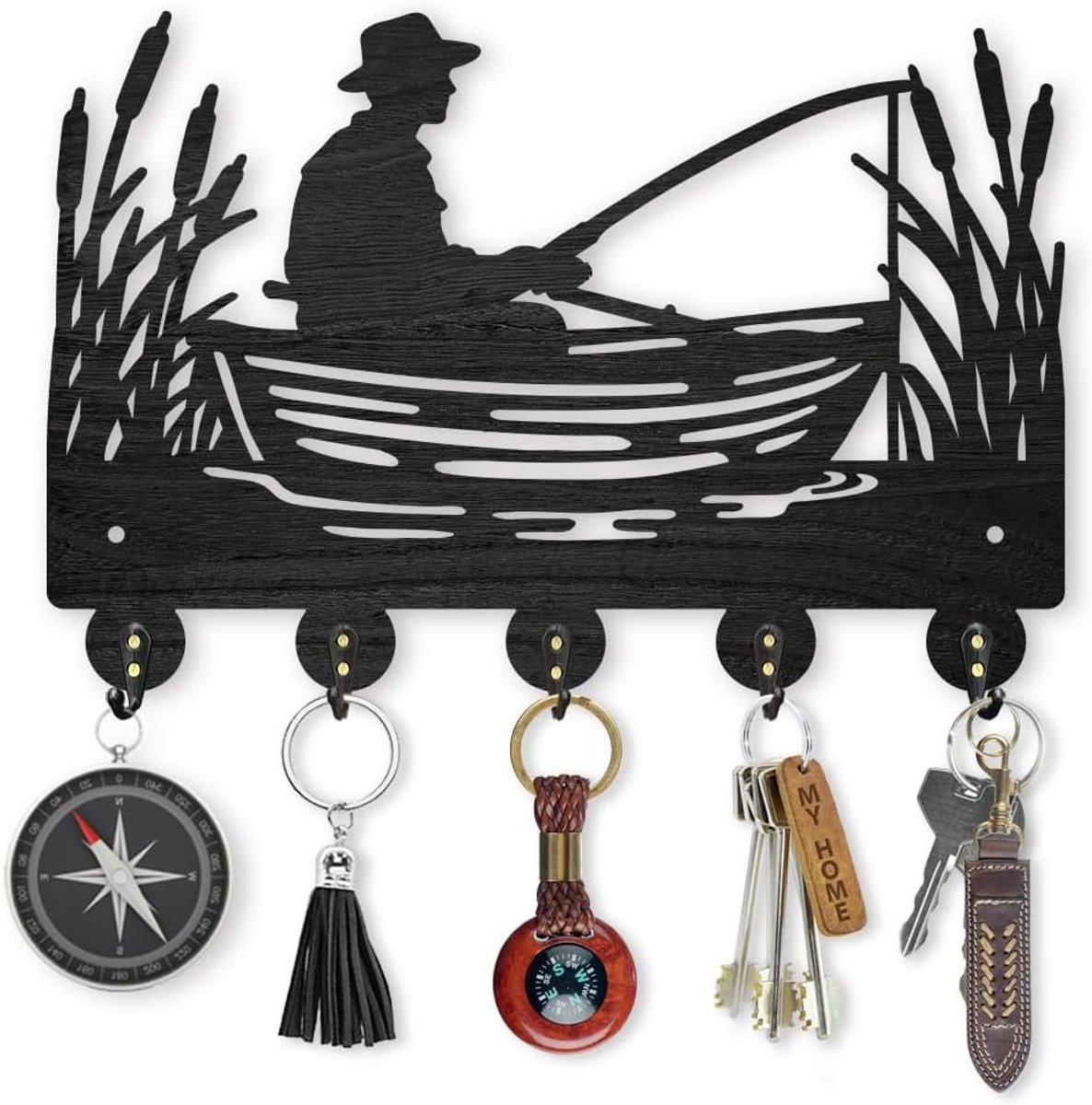 SnelShoppen - Houten Sleutelhanger Vissersboot 30x20cm Wandhaakjes voor Kleding en Hoeden met 5 Haakjes Zwart voor Slaapkamer Entree Kantoor
