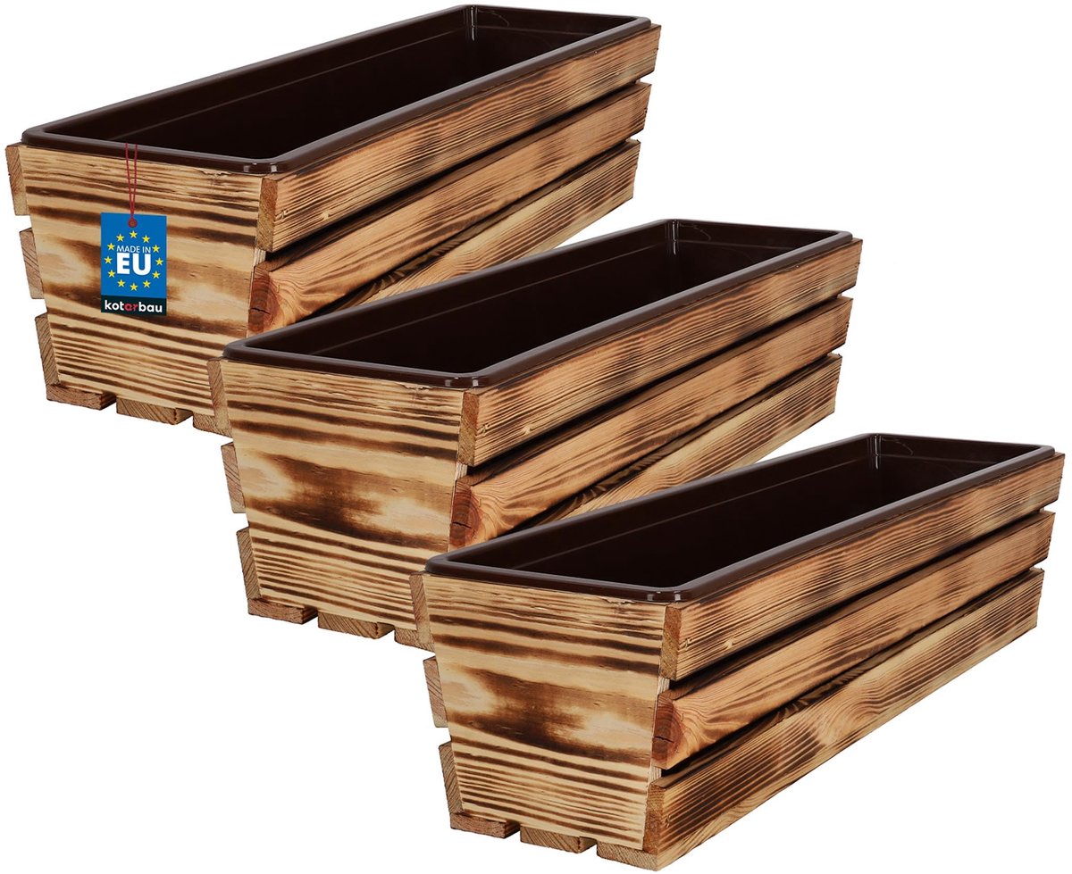 KOTARBAU® 3 Stuks - Houten Plantenbak - Bloembak Hout - met Kunststof Inzetstuk - Balkonbak - 60 x 18 x 15 cm - Rustiek - voor Terras - Balkon - Deko Planten