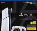 PlayStation 5 Digital Edition console in het wit en zwart, met "PS5" logo en twee witte DualSense controllers.