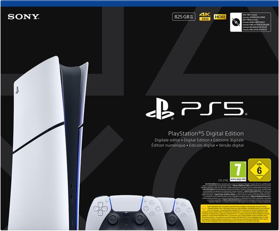 PlayStation 5 Digital Edition console in het wit en zwart, met "PS5" logo en twee witte DualSense controllers.