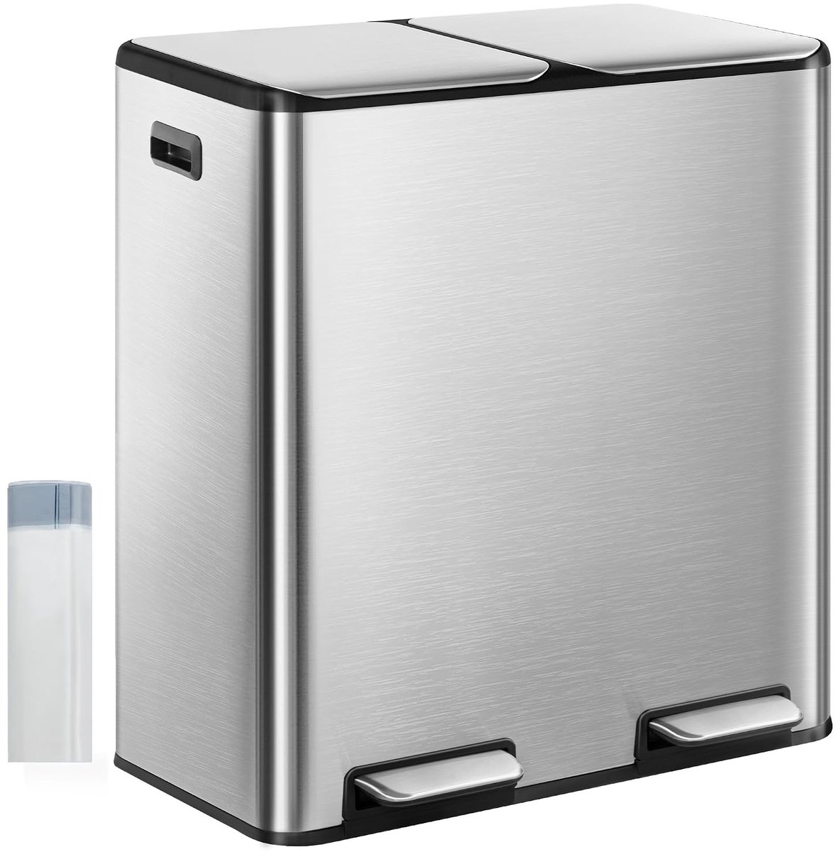 Hzuaneri Keukenafvalbak, 2 x 30 l, Afvalscheidingsbak met 2 vakken (totaal 60 l), RVS pedaalemmer met soft-close deksel, inclusief 15 speciale afvalzakken, zilverkleurig