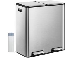 HILINSIE- Prullenbak - Afvalbak 60 liter(2 x 30 L) - Prullenbak 2 vakken - RVS Pedaalemmer met Soft-Close Deksel - Inclusief 15 Speciale Afvalzakken - Zilverkleurig