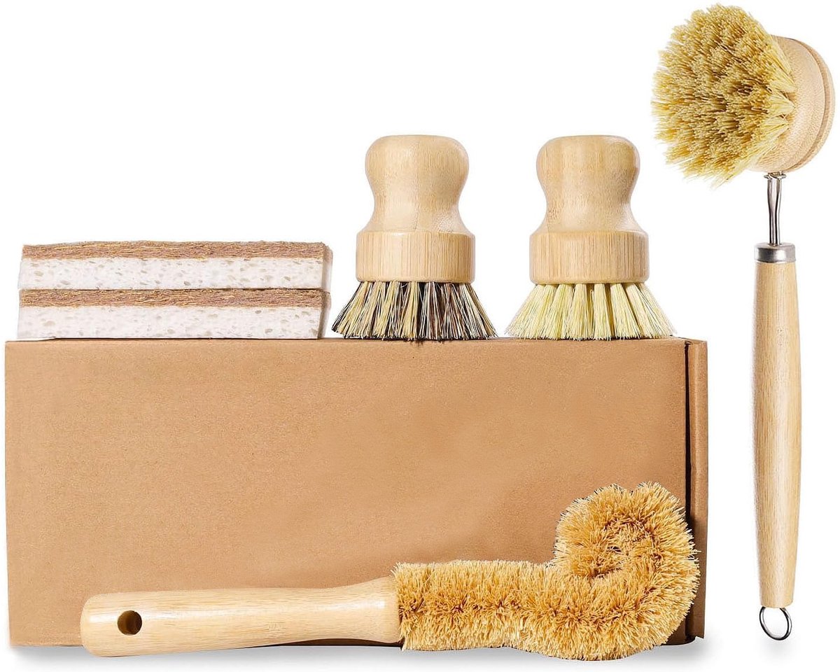 6-delige Bamboe Afwasborstel Set met Kokos Spons - Natuurlijke Sisal & Palmvezel Borstels - voor Borden, Pannen, Flessen & Groenten - 1 Set