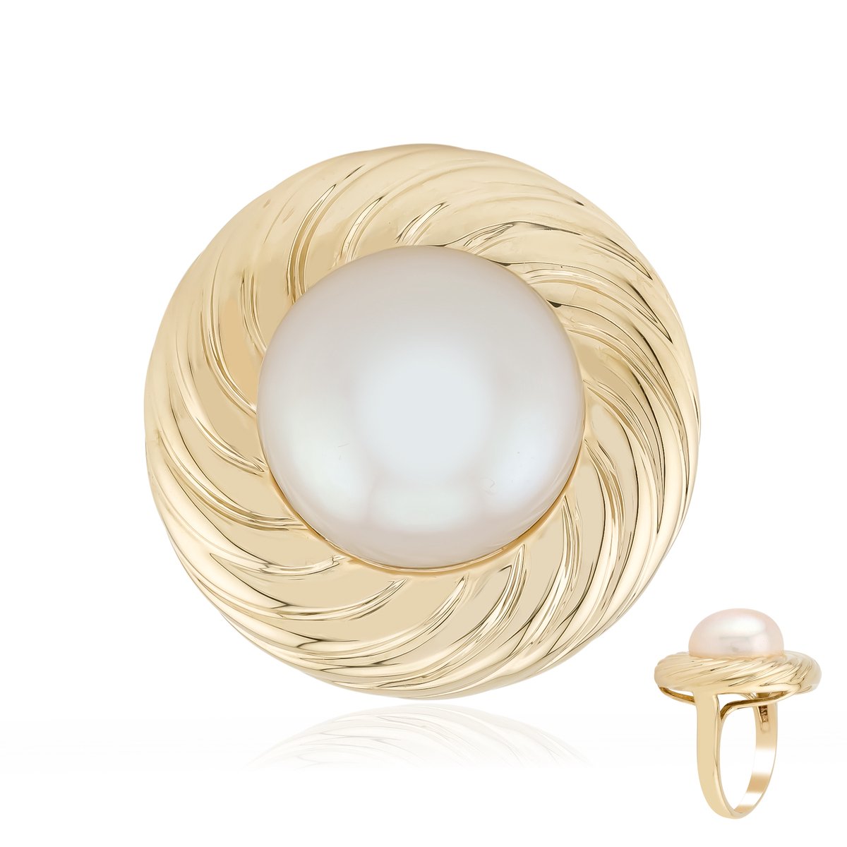 Cavill - Zilveren ring - 925 Sterling Zilver Geelgoudverguld - Witte Zoetwater Kweekparel 12mm Ronde Parel - Elegante Parelring Handgemaakt