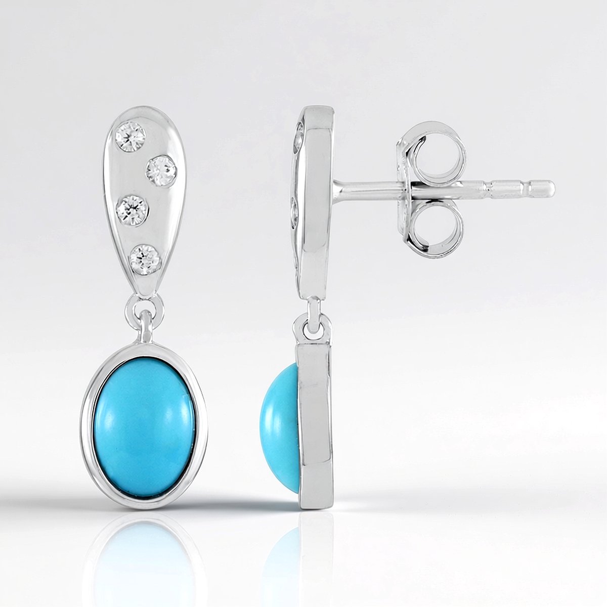 Cavill - Elegante Zilveren Oorbellen 925 Sterling - Platina Geplateerd - Sleeping Beauty Turkoois 1,62 ct Ovaal Cabochon - Druppelvorm