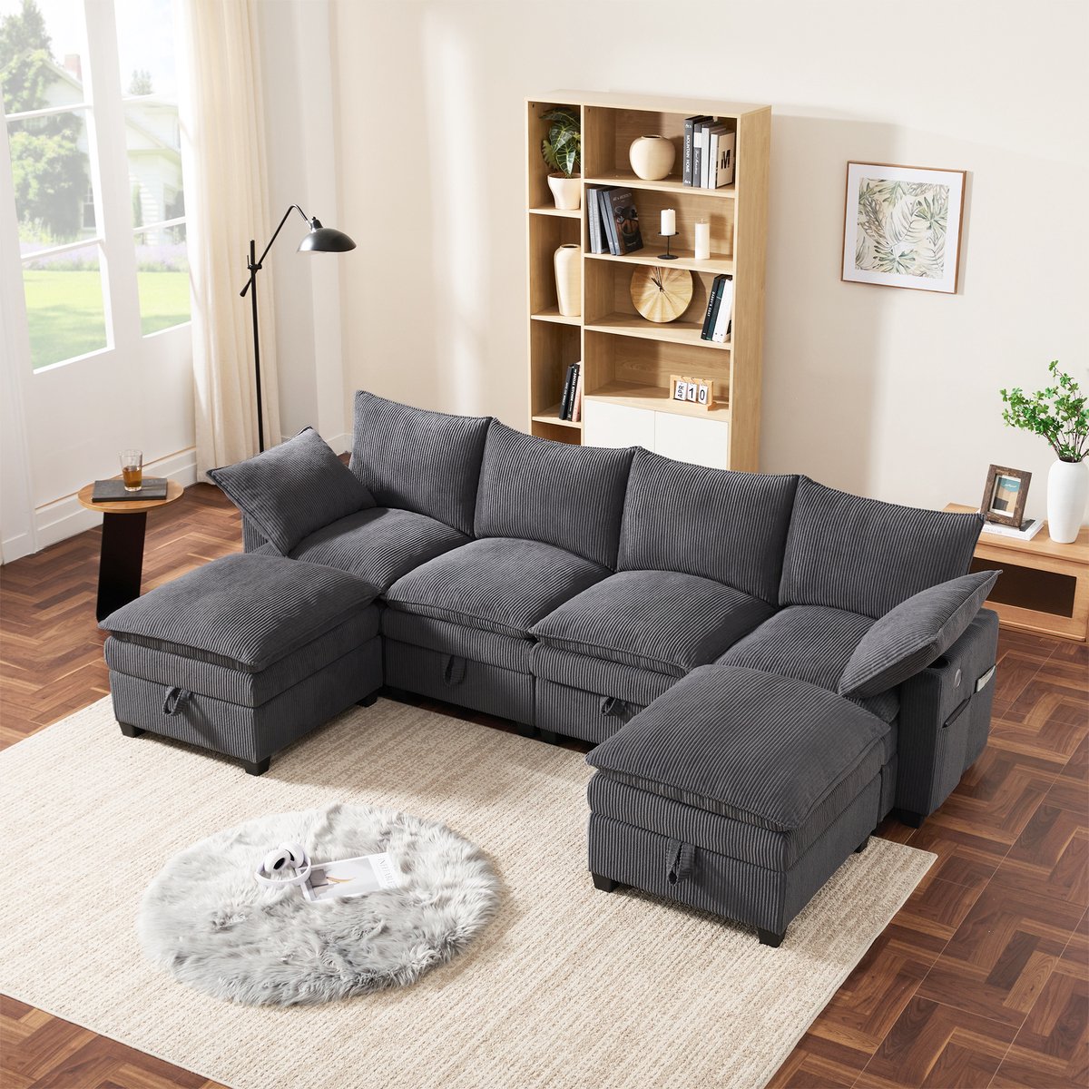 Sofa - L-vormig 6-zits met corduroy bekleding, afneembare poef, USB-poorten, opbergvakken & drinkhouders - 280x151x82 cm - Grijs