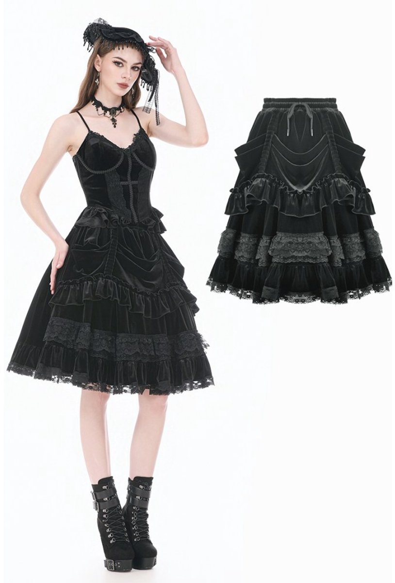 Dark in Love - Dark Lolita in Matte Velvet with Lace Trims Rok - Zwart
