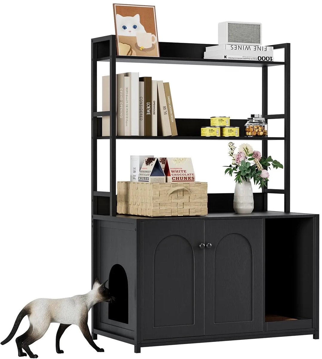 Emvae Kattenbak Kast - Kattenbak meubel - Kattenbak ombouw - Met opbergplanken - Ventilatie - 89,5 x 45 x 132 cm - MDF - Wit