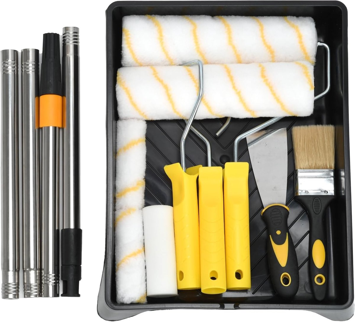 Complete Verfroller Set met 13 Onderdelen, Microvezel Rollers van 23 cm en 10 cm, Verftray, Kwast, Trekker en Uitschuifbare Stang tot 1,2 m voor Muren, Plafonds en Meubels, Streepvrij Resultaat met Latex Verf