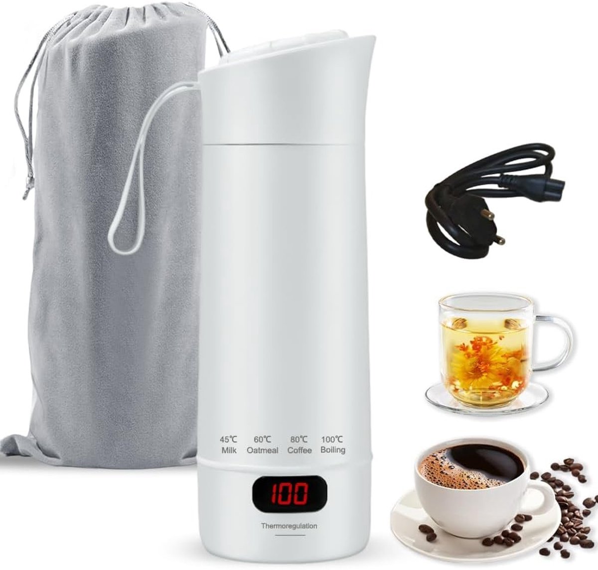 Reis elektrische waterkoker - Roestvrij Staal - 400 ml - Mini Waterkoker met Temperatuurinstelling - Voor Thuis en Op Reis