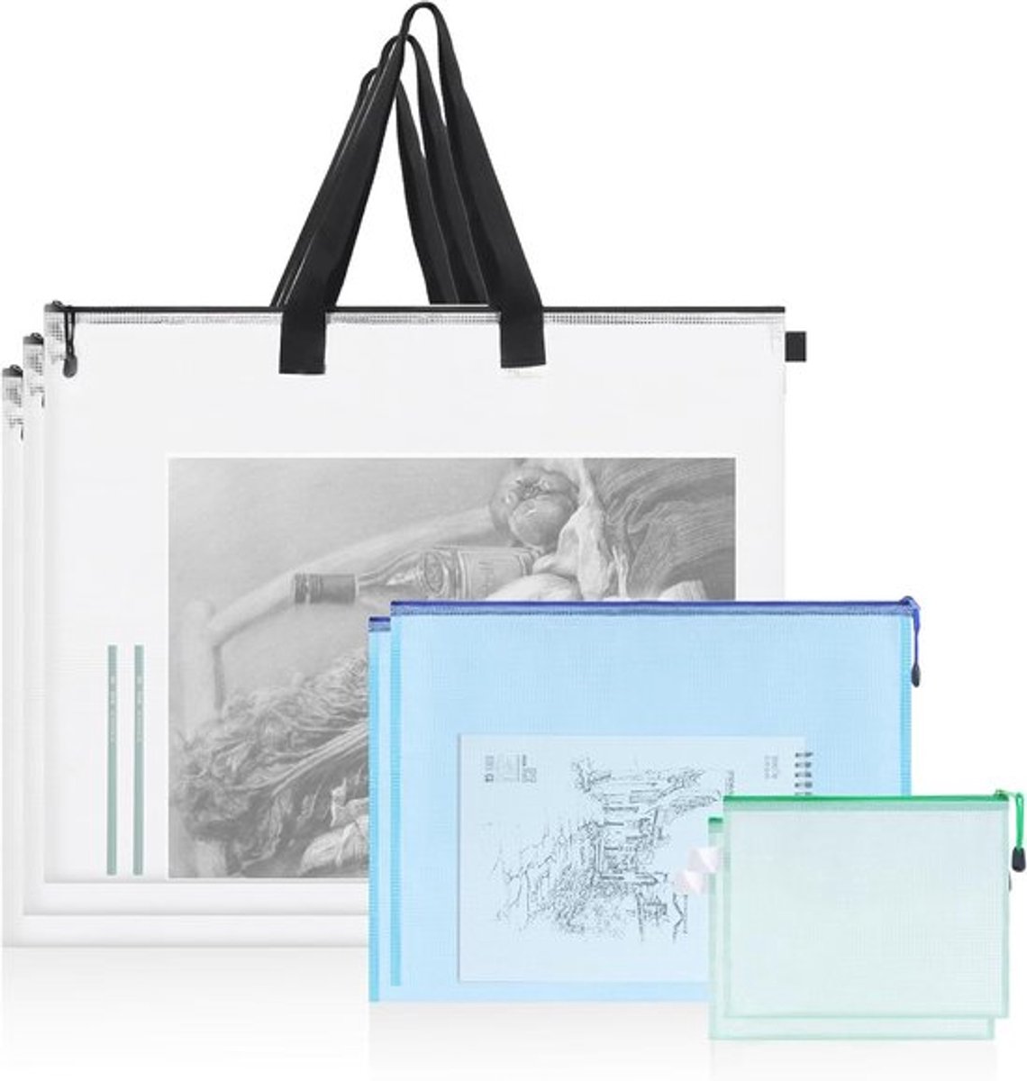 7-delige Kunst Portfolio Tas Set, 3 Transparante Posteropslag Tassen met Rits en Handvat, 4 A3 A4 Mesh Ritszakken voor Kunstbenodigdheden en Kunstwerken Organisatie