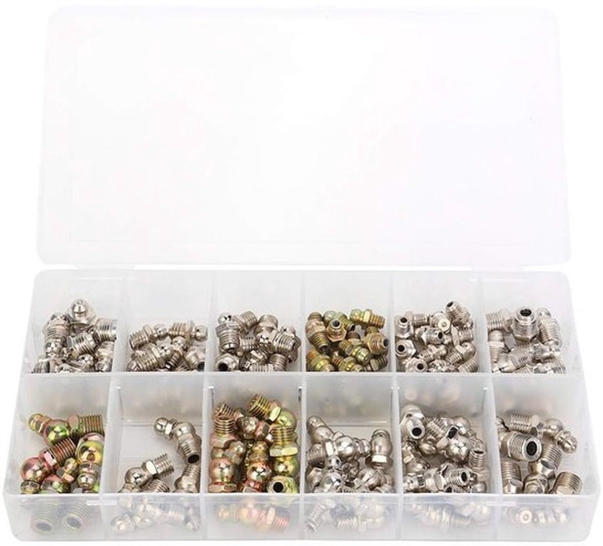 Assortiment van 130 Stuks Smeernippels, M6 M8 M10, 1/8 1/4, 45 Graden en Rechte Types voor Hydraulische Slangen en Buizen