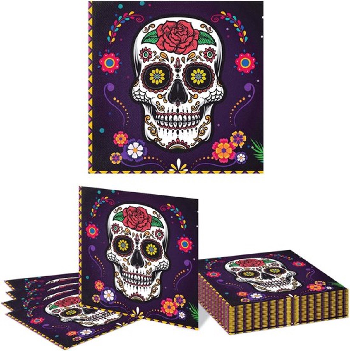24 Stuks Bloemen en Skull Servetten, Wegwerp Papieren Servetten voor Mexicaans Diner en Fiesta Feestdecoratie