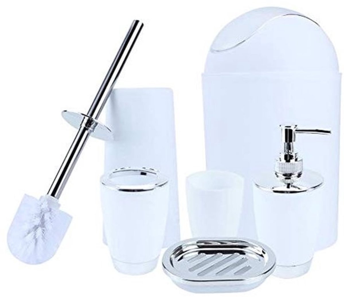 Badkameraccessoireset 6-delig - Tandenborstelhouder/Beker - Zeepdispenser/Zeepbakje - Toiletborstel met Houder - Vuilnisemmer - Hoogwaardig Kunststof - Badkameraccessoires
