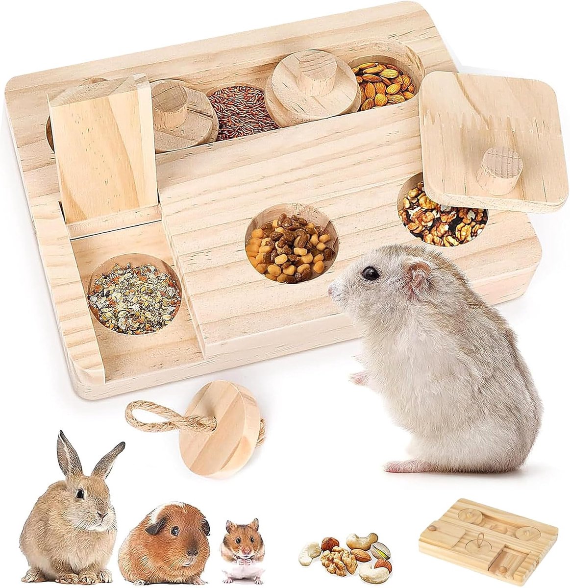 6-in-1 Houten Foerageerpuzzel – Knaagdier Enrichment Speelgoed - Interactieve Snackdispenser - Voor Knaagdieren Konijn, Cavia, Hamster en Kleine Dieren