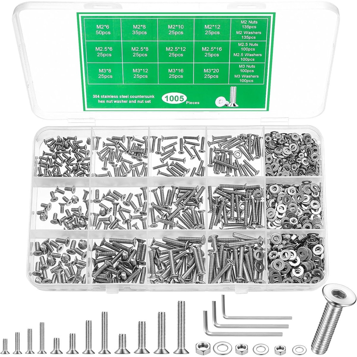 SnelShoppen - 1005pcs M2 M2.5 M3 Countersunk Head Screws Torx Schroeven Set RVS Platte Hoofd Schroeven met Moeren en Ringen Kit voor Machines, Elektro