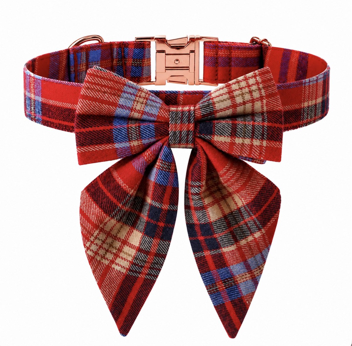 Dogs&Co Luxe Hondenhalsband met Strik Maat L – Rood/Blauw Geruit Design & Roségouden Gesp