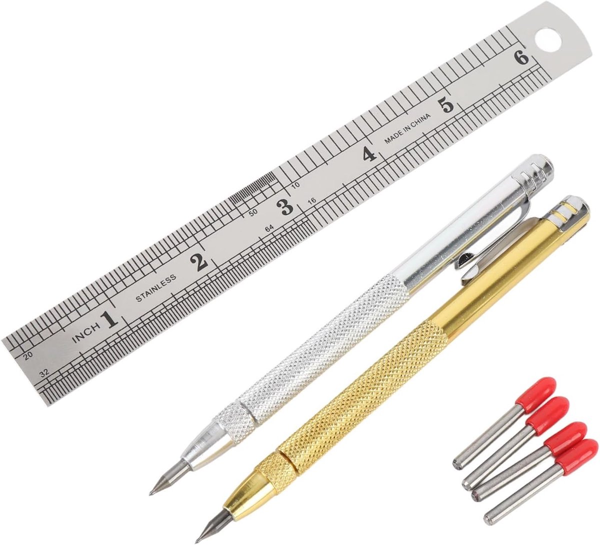 SnelShoppen - 2 Stuks Tungsten Carbide Punt Writer met Magneet, Graveerpen Schrijfgereedschap, Inclusief 4 Vervangende Markeringen en 6 Inch Liniaal,