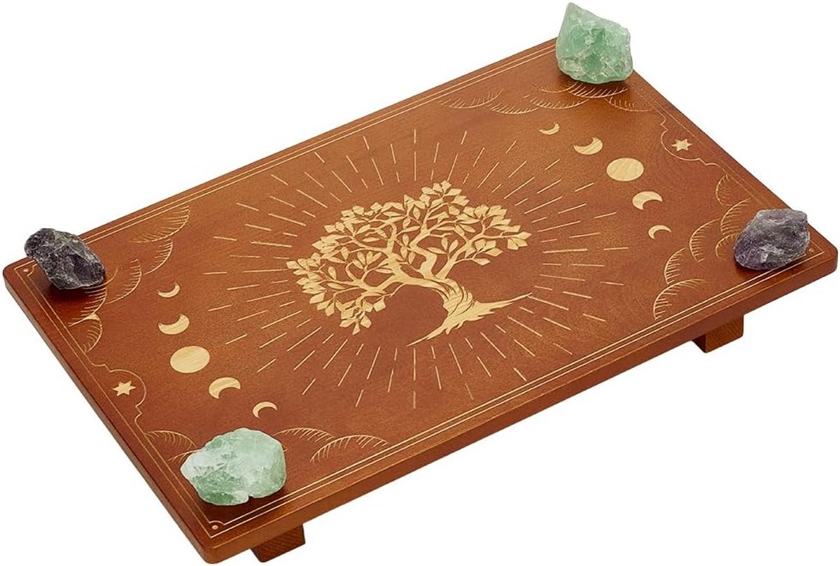 SnelShoppen - Antieke Tafel 30 x 20 cm Grote Rechthoekige Houten Kaarsenhouder voor Divinatie Meditatie Tafel met Gegraveerde Maanfasen en Levensboom