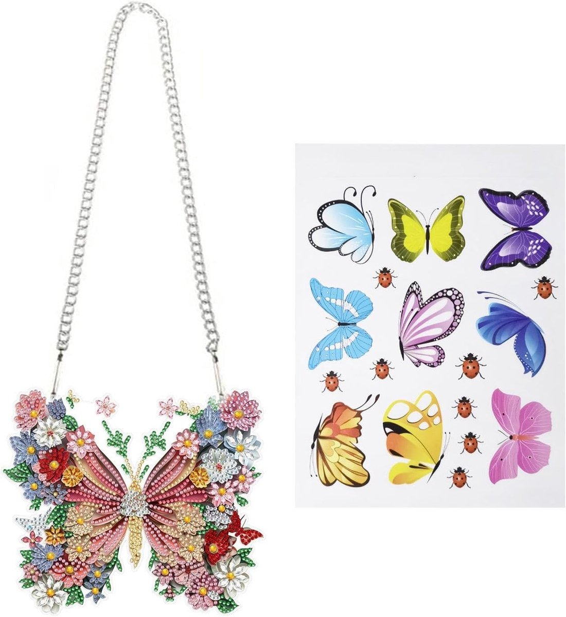 SnelShoppen - 1 x Vlinder Diamant Sticker en 1 x Kleurige Muursticker voor Doe-Het-Zelf Woondecoratie, Decoratieve Vlinder met Strass-Steentjes voor K