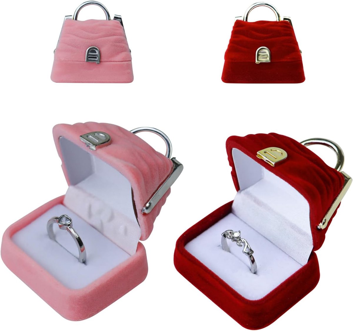 SnelShoppen - Luxe Ringdoos Mini Velvet Handtas voor Trouwringen en Verlovingsringen - 2 Stuks (Roze + Rood) - Compact en Elegante Presentatie