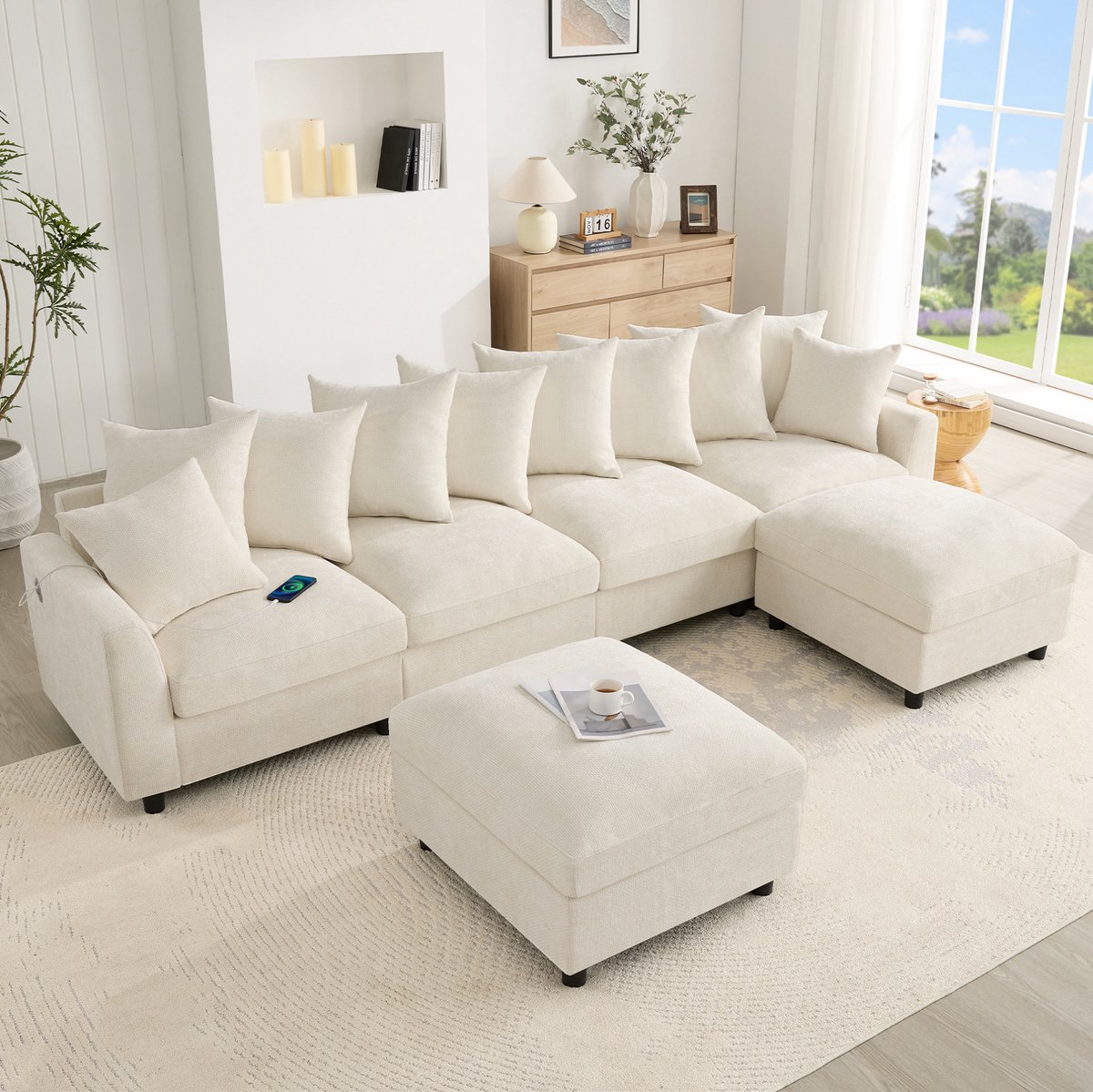 FloraGrace Hoekbank U vorm 6 zitplaatsen 283 x 153,5 x 78,5 cm - Modulair Met USB en Type C Oplaadpunt En 2 Hockers - Voor Woonkamer - Chenille - Beige