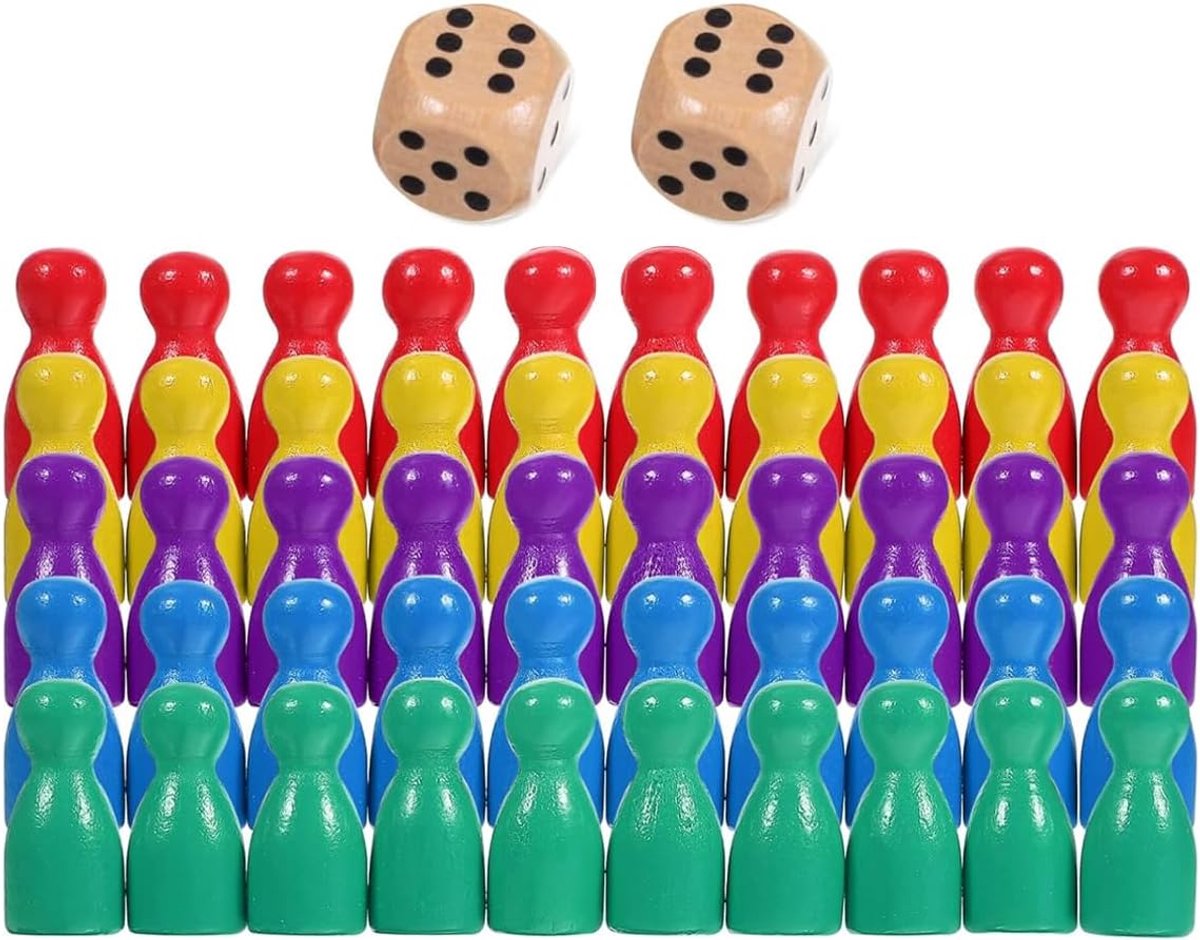 SnelShoppen - 50 Stuks Plastic Schaakstukken Bordspel Schaakstukken Set met 6-Zijdige Dobbelstenen, Kleurige Houten Schaakstukken Voor Kinderen en Vol