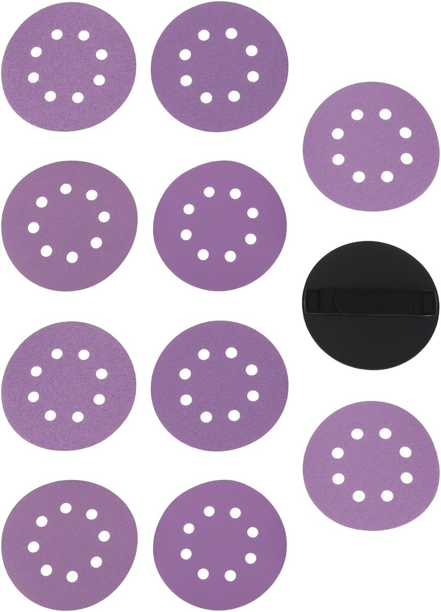 SnelShoppen - Schuurdiscs Set 10 Stuks 5 Inch met 8 Gaten en 1 Draagbare Schuurwiel - Voor Hout, Metaal, Carrosserie, Herbruikbaar, Nat en Droog Schur
