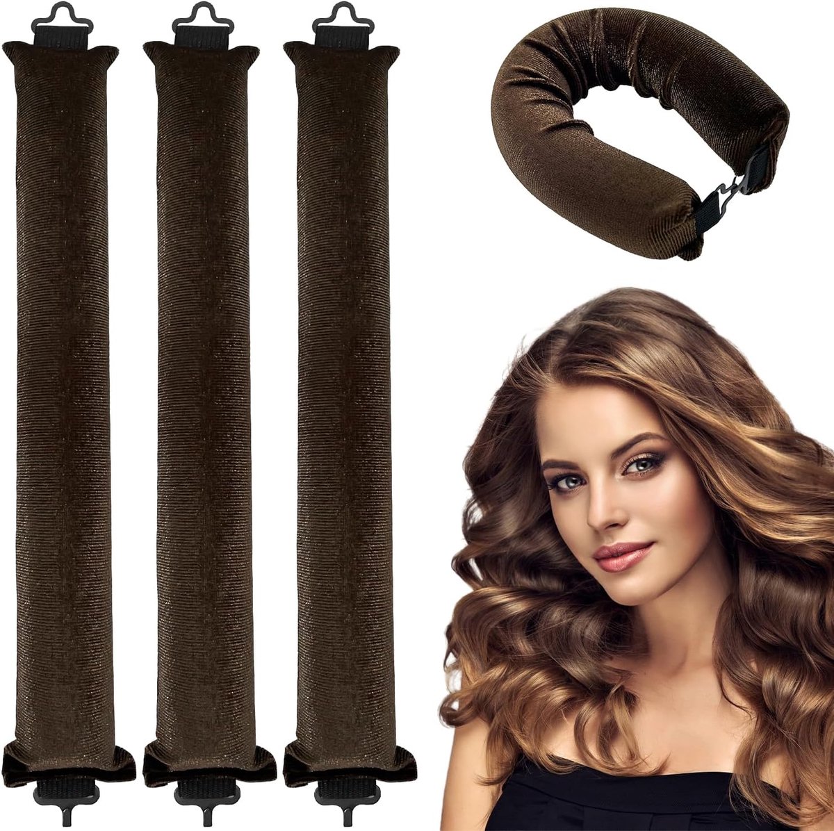 SnelShoppen - Pack van 3 Heat Free Krultangen, Warmtevrije Krultangen, Flexibele Rolletjes voor Haar, Geschikt voor Alle Haartypes, Bruin, Ideaal voor