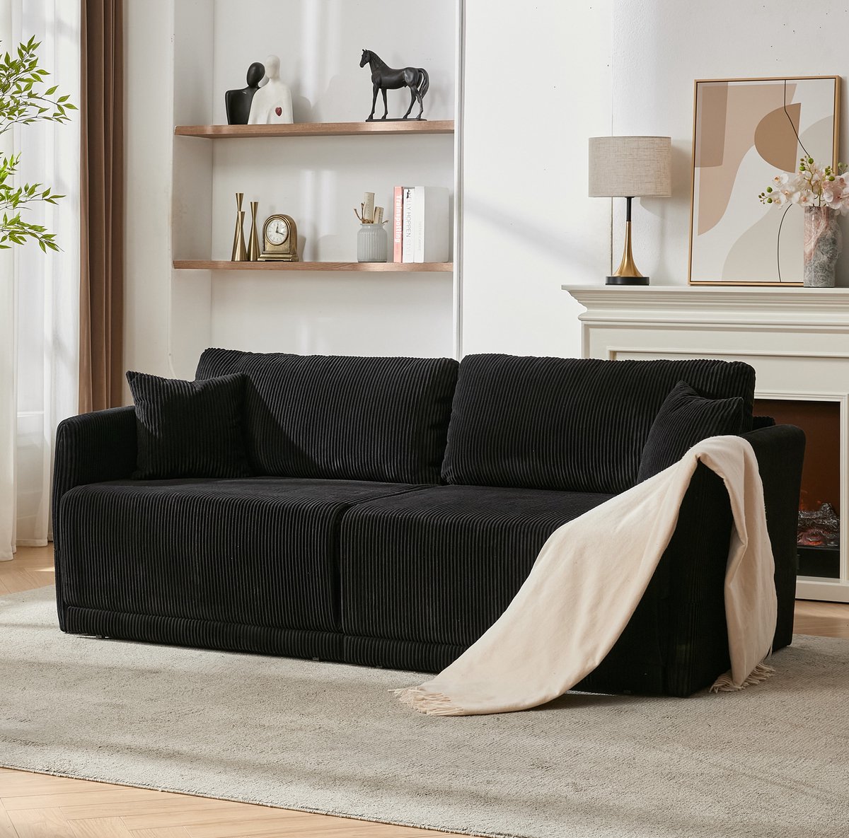 FloraGrace Slaapbank 2-Zits – Multifunctionele Zit- En Slaapoplossing – Met Kussens, Metalen Frame En Houten Armleuningen – Voor Woonkamer, Kantoor En Studio – Polyester – Zwart