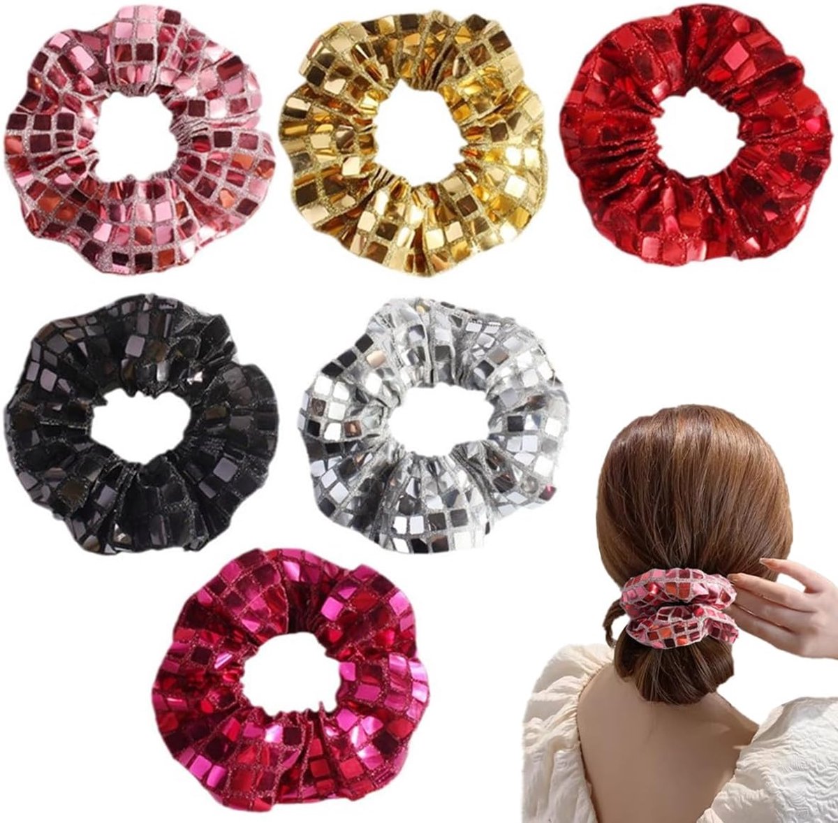 SnelShoppen - 6 Stuks Pailletten Haarelastieken Grote Shiny Haarbanden voor Ponytail Scrunchy Vrouwen Meisjes Feest Carnaval Dagelijkse Haaraccessoire
