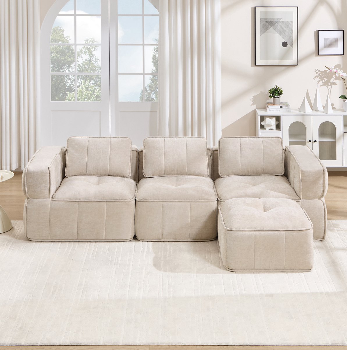 FloraGrace Hoekbank 3-Zits Met 1 Hocker L-Vormig Modulaire Bank Met 32D Schuim Zachte Polyester Bekleding Voor Woonkamer Beige