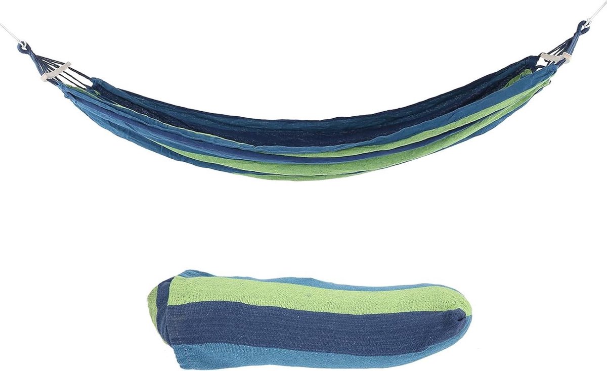 Camping Hangmat - Reis Hangmat - Buiten Ontspannen - Stabiele Spreidstok - 240x150 cm - Blauw Gestreept