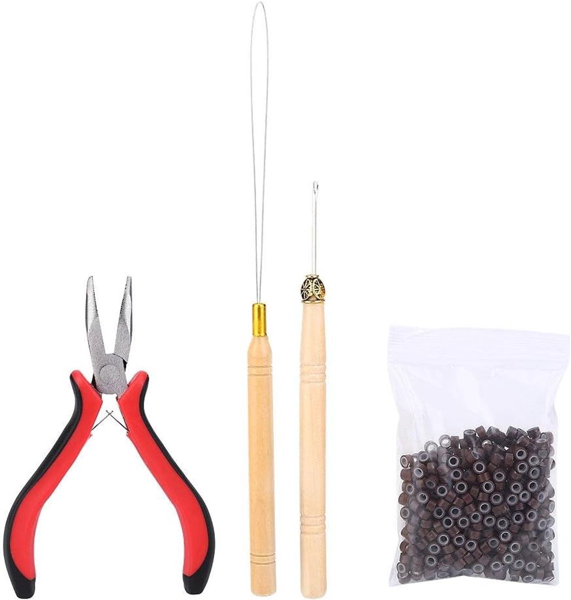 SnelShoppen - Hair Extension Set Pliers Haak Looptip met 500 Micro Ringen Haarverlenging Accessoires (Bruin) - Professioneel en Comfortabel