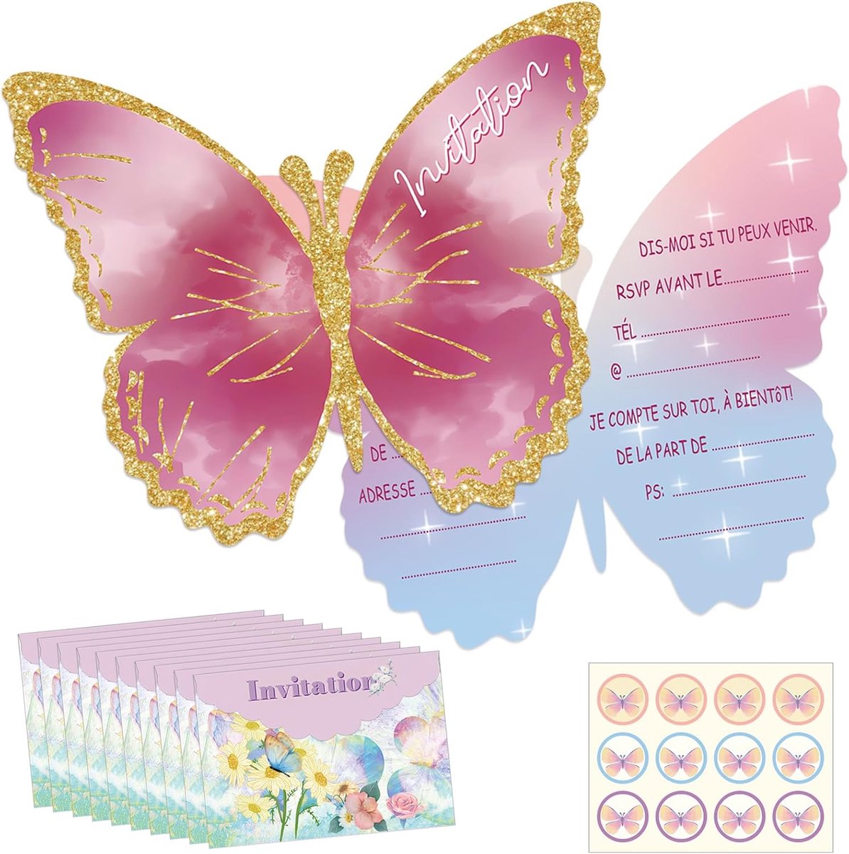 SnelShoppen - Kinderen Verjaardagsuitnodigingen Vlinder Party Uitnodigingskaarten met Enveloppen en Stickers voor Meisjes en Jongens, Hoogwaardige Pap