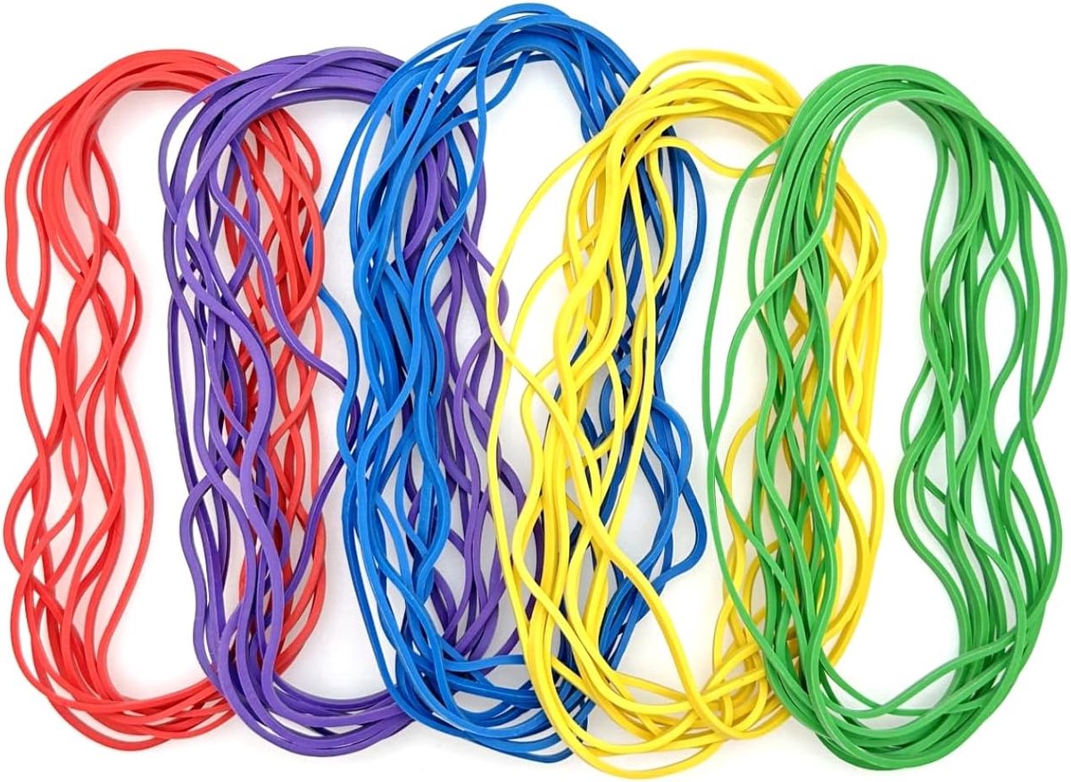 SnelShoppen - 50 Stuks Multicolore Elastische Rubber Bands 150 mm x 2 mm, Sterke Rekbanden Voor Thuis, School En Kantoor, Rood, Blauw, Geel