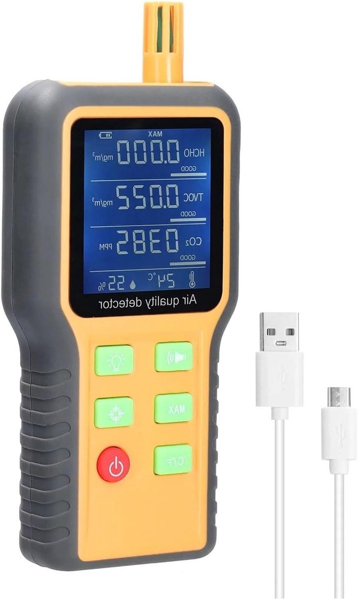 Luchtkwaliteitsmeter - CO2 meter Detector - Binnenklimaat Monitoren - LCD Scherm met Achtergrondverlichting - 177 x 79 x 40 mm