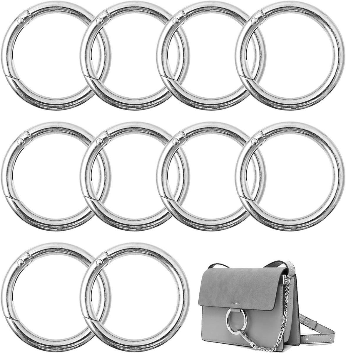 Set van 10 Ronde Karabijnhaken 49mm, Zilveren Veerhaken van Zinklegering voor Sleutels, Tassen en Accessoires