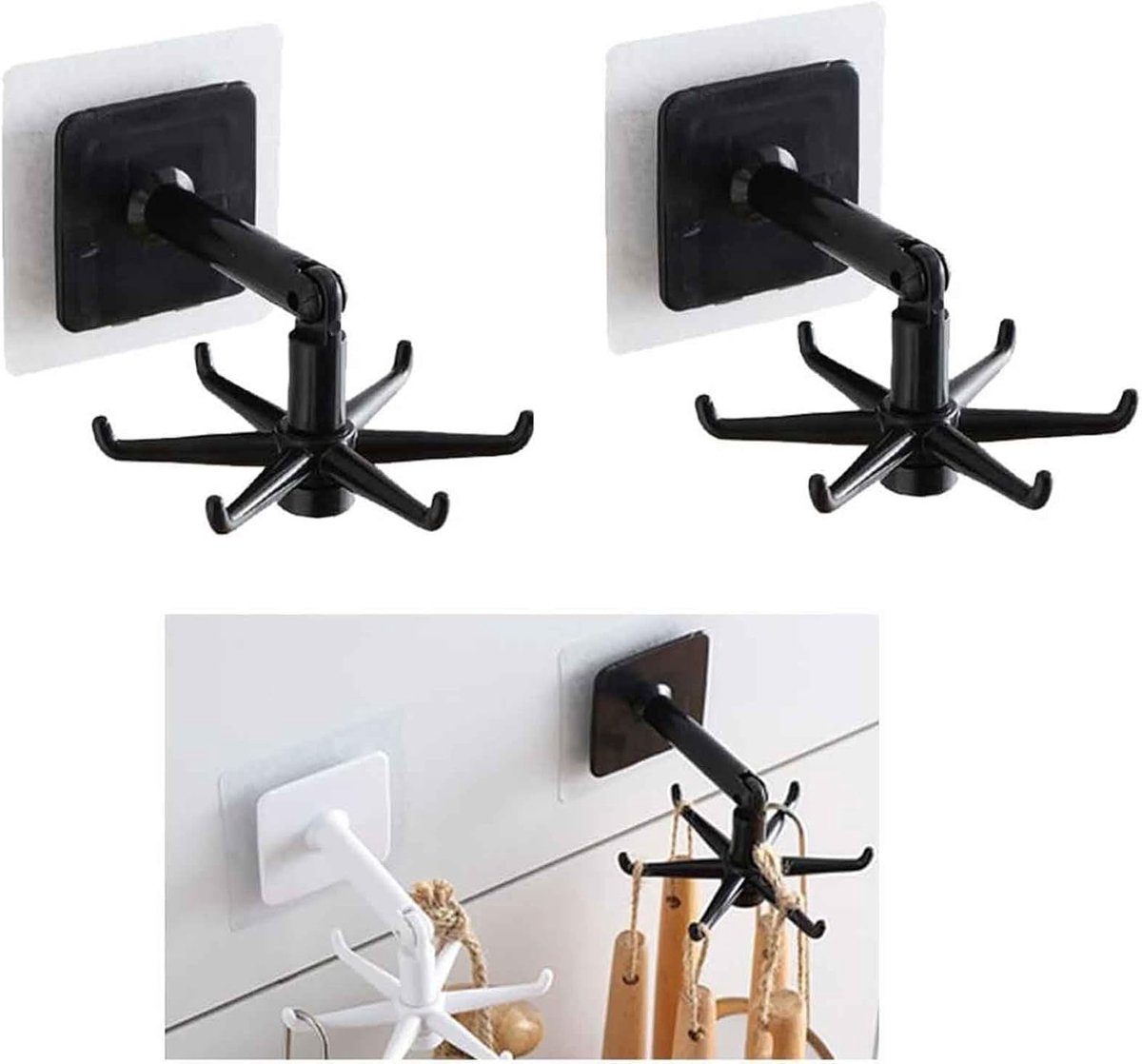 SnelShoppen - 2 Pack Keukenhaakjes Onderkast Rotating Haak Wandhaak Zelfklevend Ruimtebesparend Geen Boren Keuken Organizer