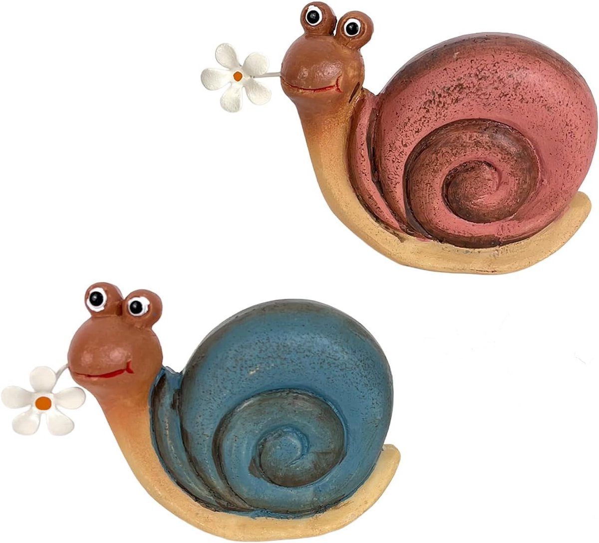 SnelShoppen - Decoratieve Slakken Set van 2 met Bloem, Crème Roze en Blauw, Assorti Polyresin Slakkenfiguur, 11 cm Breed als Lente Decoratie, Tuin Dec