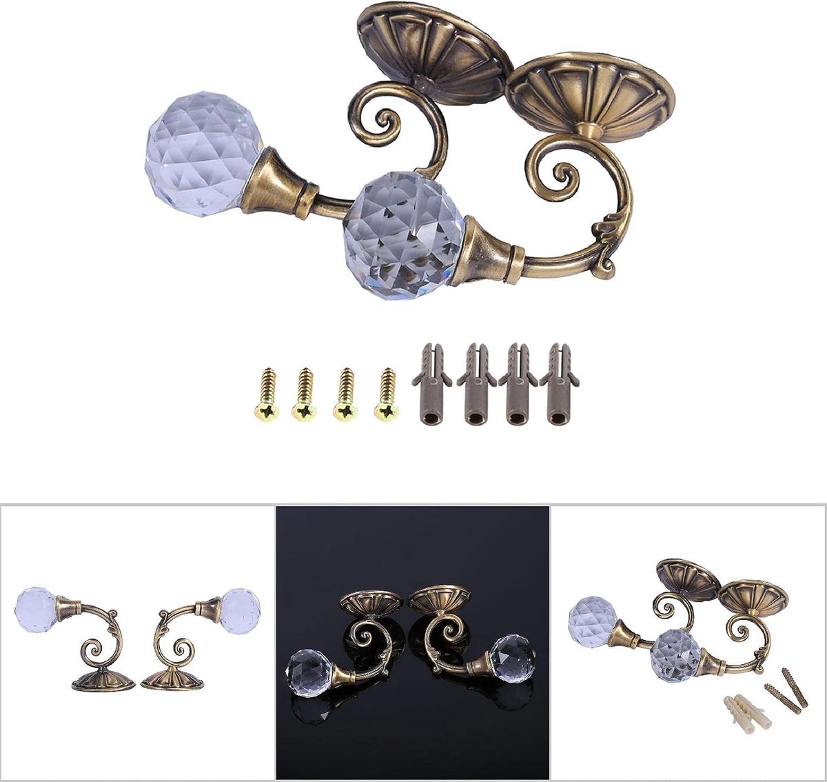 SnelShoppen - BRRNOO Draperie Tiebacks Gordijnhaken Gordijnvastzetters met Heldere Kristallen Bol 2 Stuks Metalen Wandraam Draperie Tieback Haken Hang