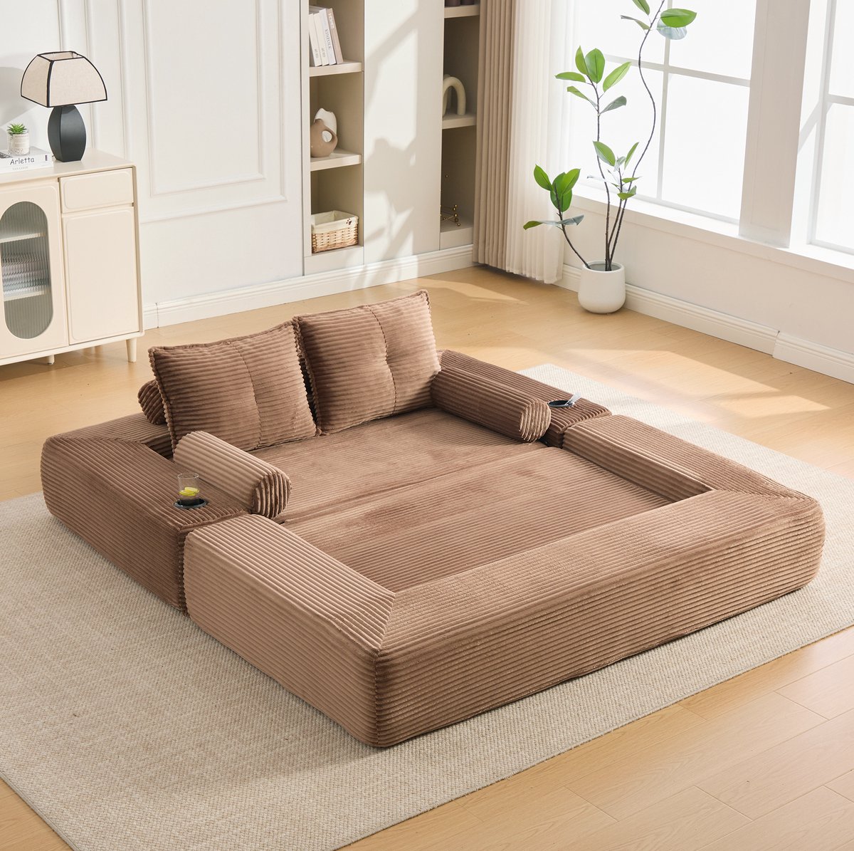 MEUNIQ 2-zits slaapbank 180 x 98 x 80 cm van corduroy, uitklapbare bedbank met zijvakken, bekerhouder, memory-foam rugkussens en 2 sierkussens, bruin Brown