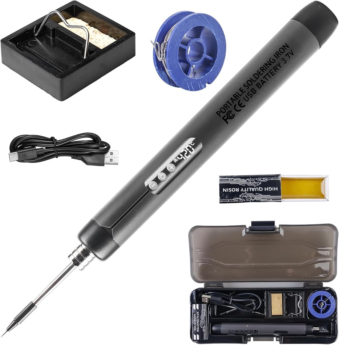SnelShoppen - Soldering Iron Set USB Oplaadbaar met LCD Display, 5 Temperatuurinstellingen, 260°C - 420°C, 3 Soldeertips, Soldeerdraad, Soldeerpasta,